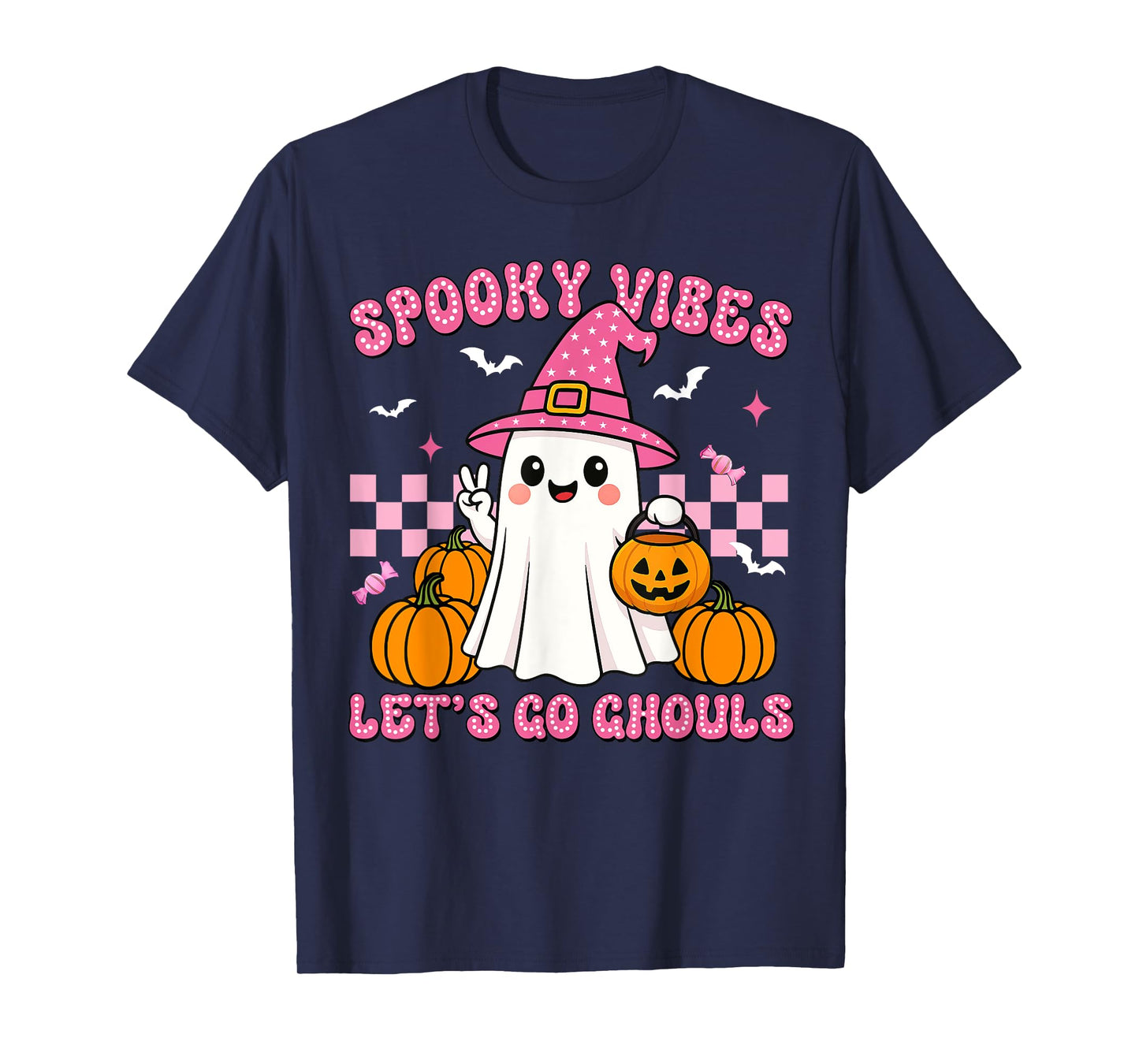 Lets Go Ghouls Spooky Vibes Witch Ghost Halloween Women Girl T-Shirt