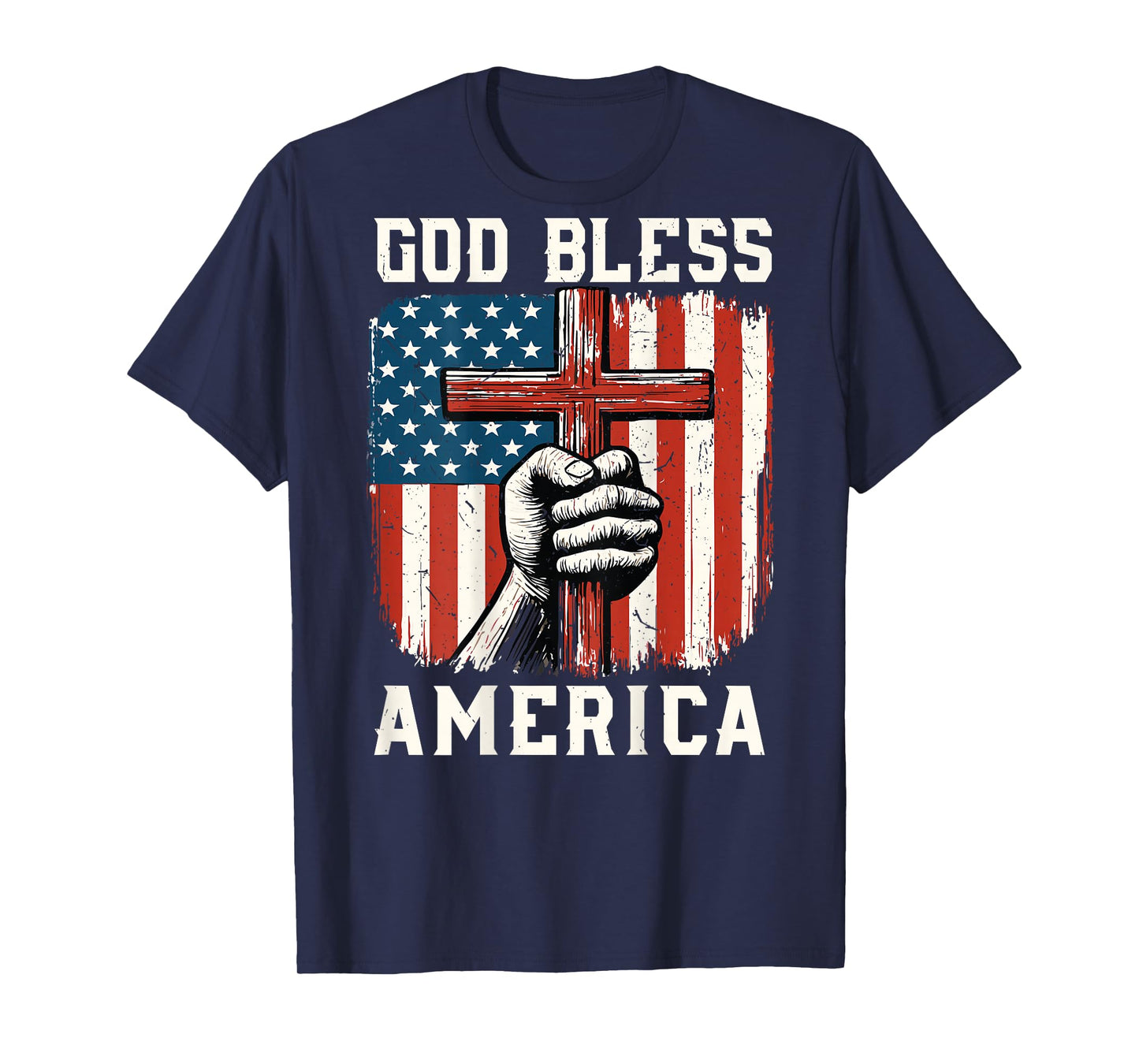 On-Back God Bless America Christian Patriotic Cross USA Flag T-Shirt