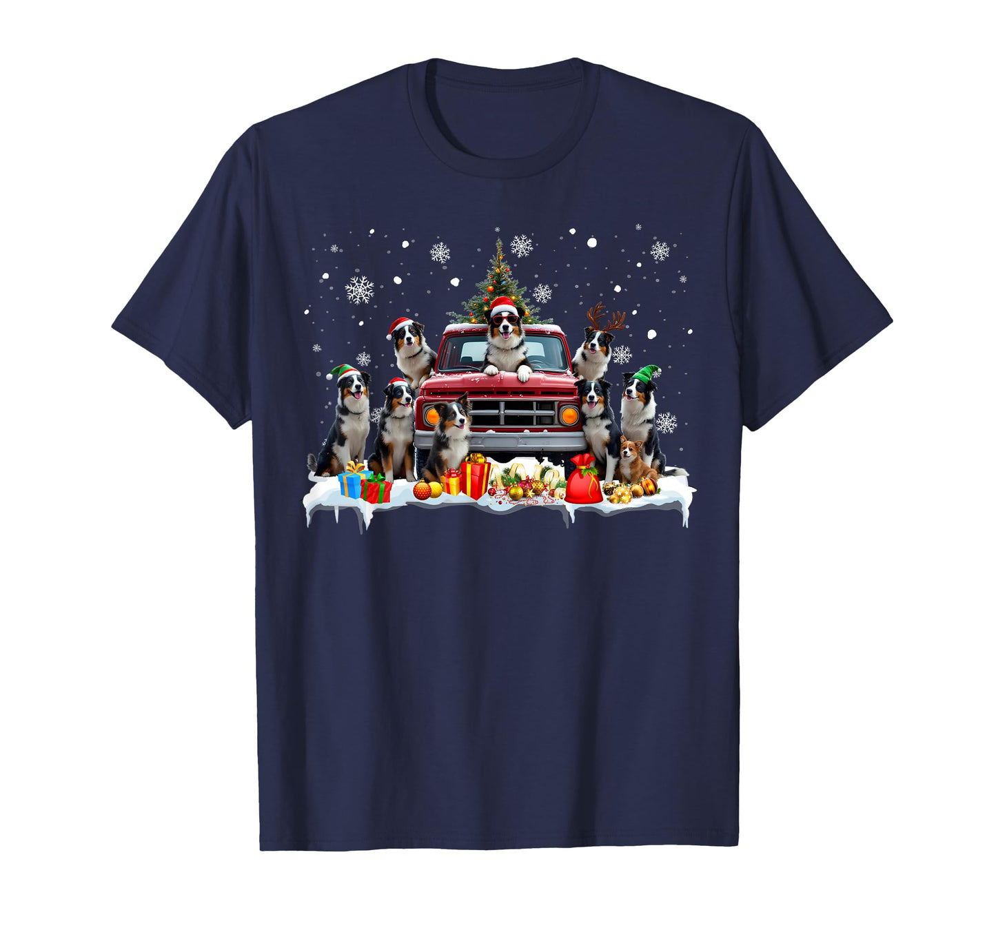 Border Collie Dog Red Truck Christmas Tree Santa Ugly Xmas T-Shirt