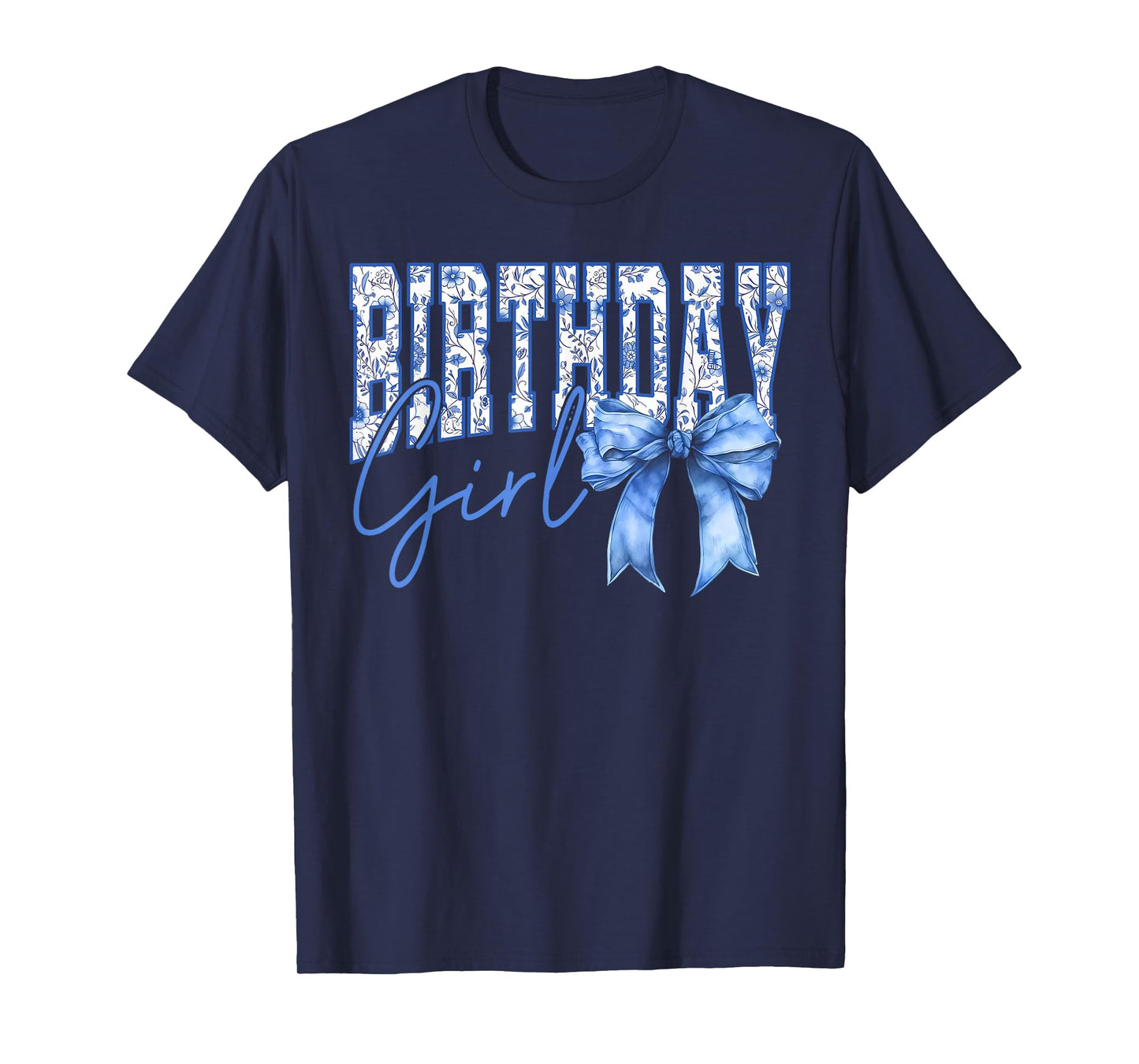 Birthday Girl Coquette Blue Toile Bow Girly Aesthetic Kids T-Shirt