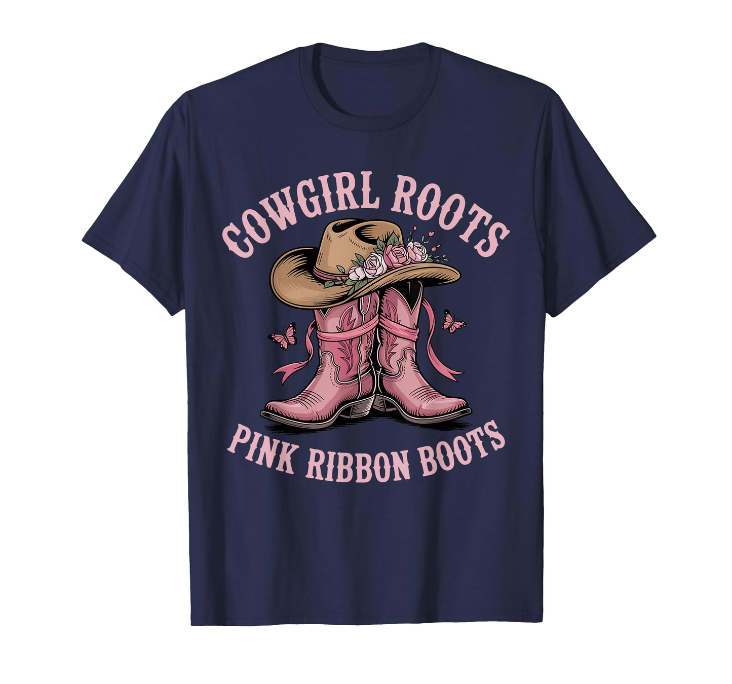 Cowgirl Roots Pink Ribbon Boots Breast Cancer Awareness T-Shirt