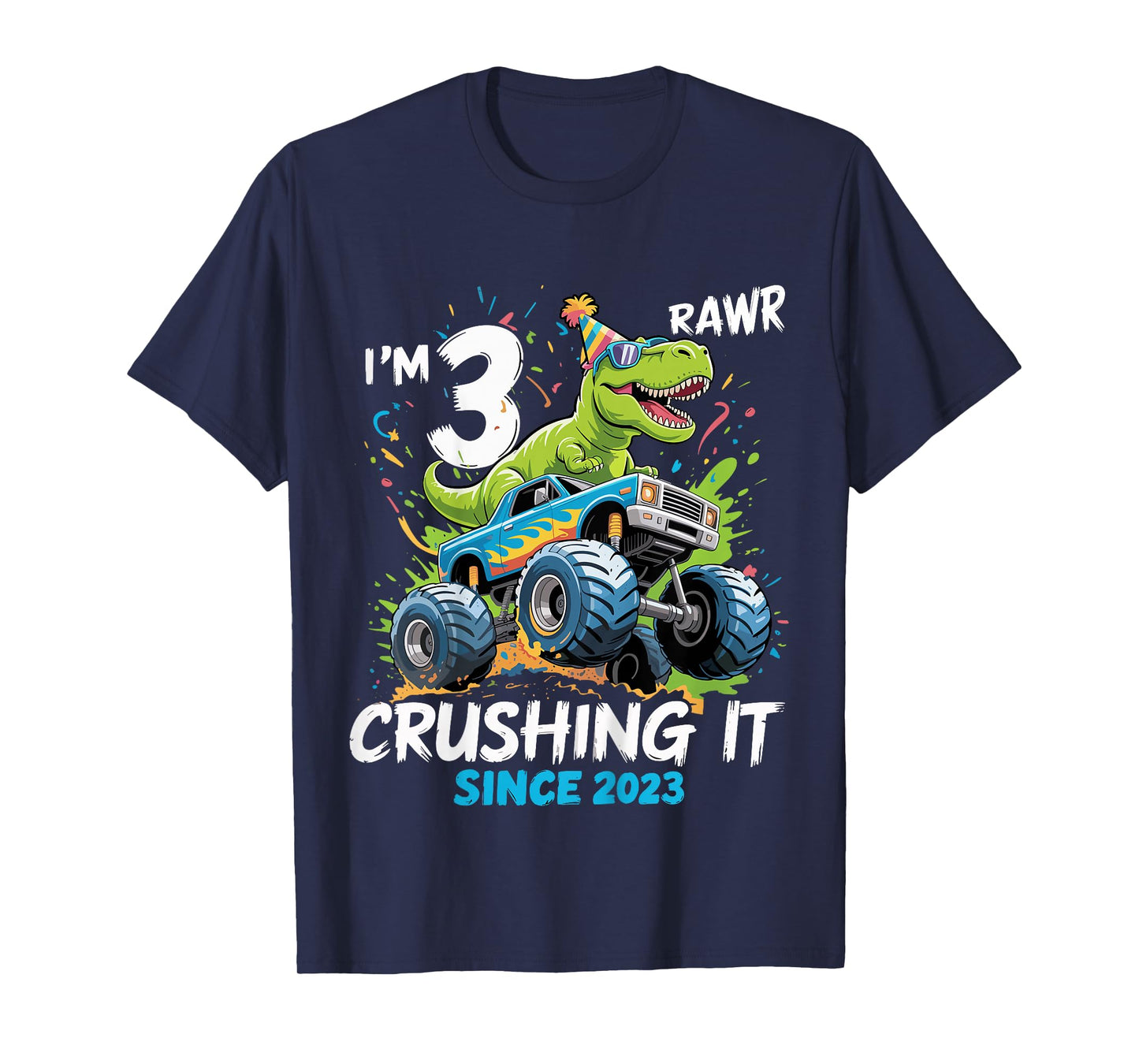 Kids 3rd Birthday Monster Truck Dinosaur 3 Year Old boy Born 2023 T-Shirt