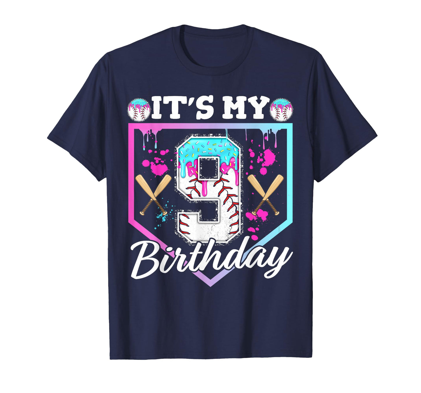 Baseball Drip 9 Year Old Ice Cream 9th Birthday Boy Dripping T-Shirt