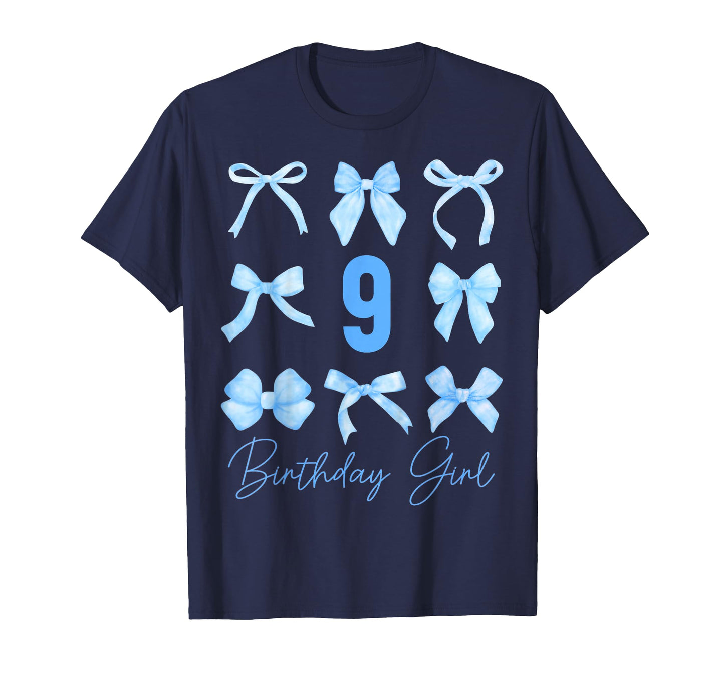 Birthday Girl Blue Coquette Bow 9 Year Old Aesthetic Girly T-Shirt