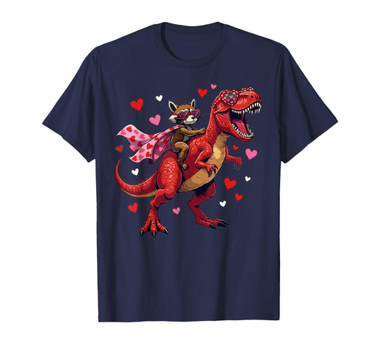 Valentines Day Raccoon Riding T rex Dinosaur T-Shirt