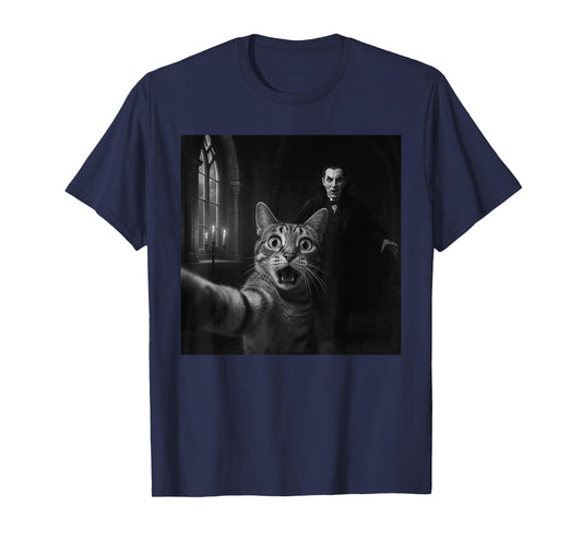 Funny Halloween Surprised Scared Cat Selfie Dracula Vampire T-Shirt