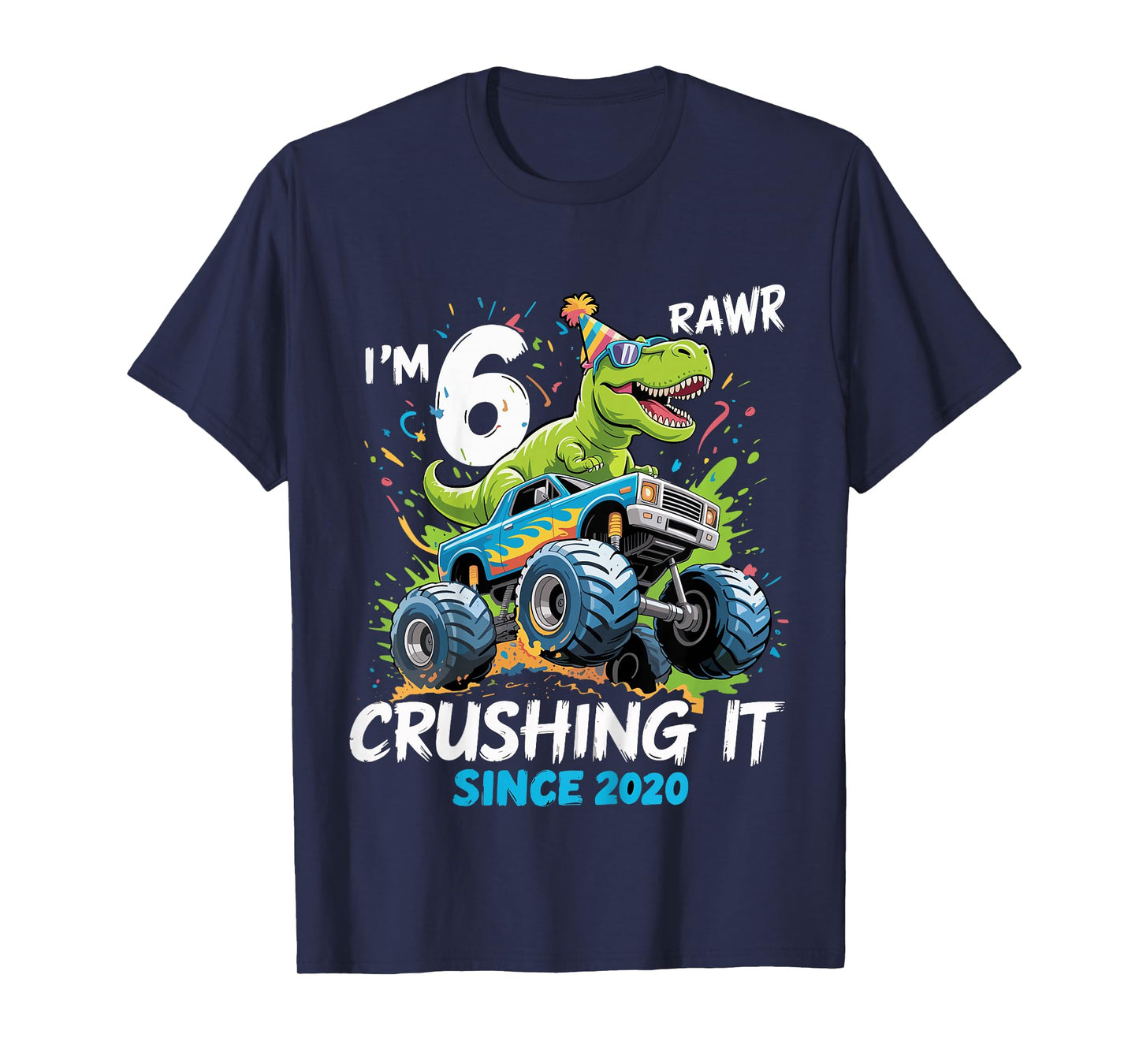 Kids 6th Birthday Monster Truck Dinosaur 6 Year Old boy Born 2020 T-Shirt