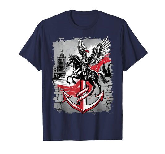 Winged Hussar Polish Anchor PW Symbol Warsaw Skyline Art T-Shirt