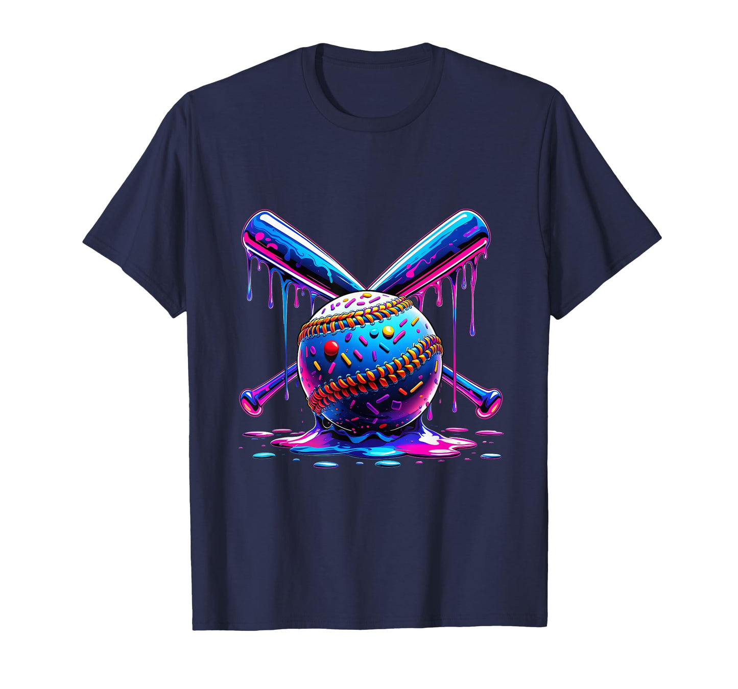 Neon Dripping Baseball and Bats Colorful Sports Art T-Shirt