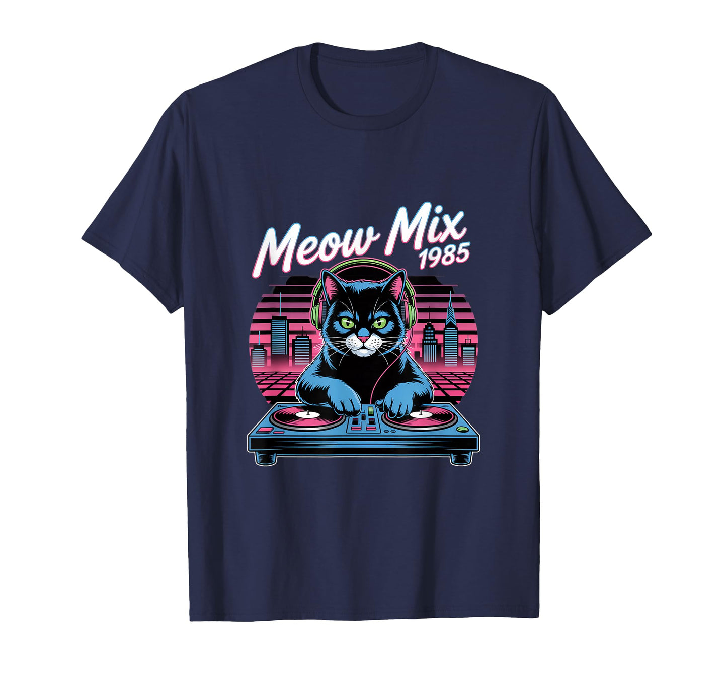 DJ Cat Retro Synthwave Meow Mix 1985 Night City T-Shirt