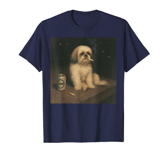 Vintage Shih Tzu Night Mood Funny Dog Smoking Drinking Meme T-Shirt