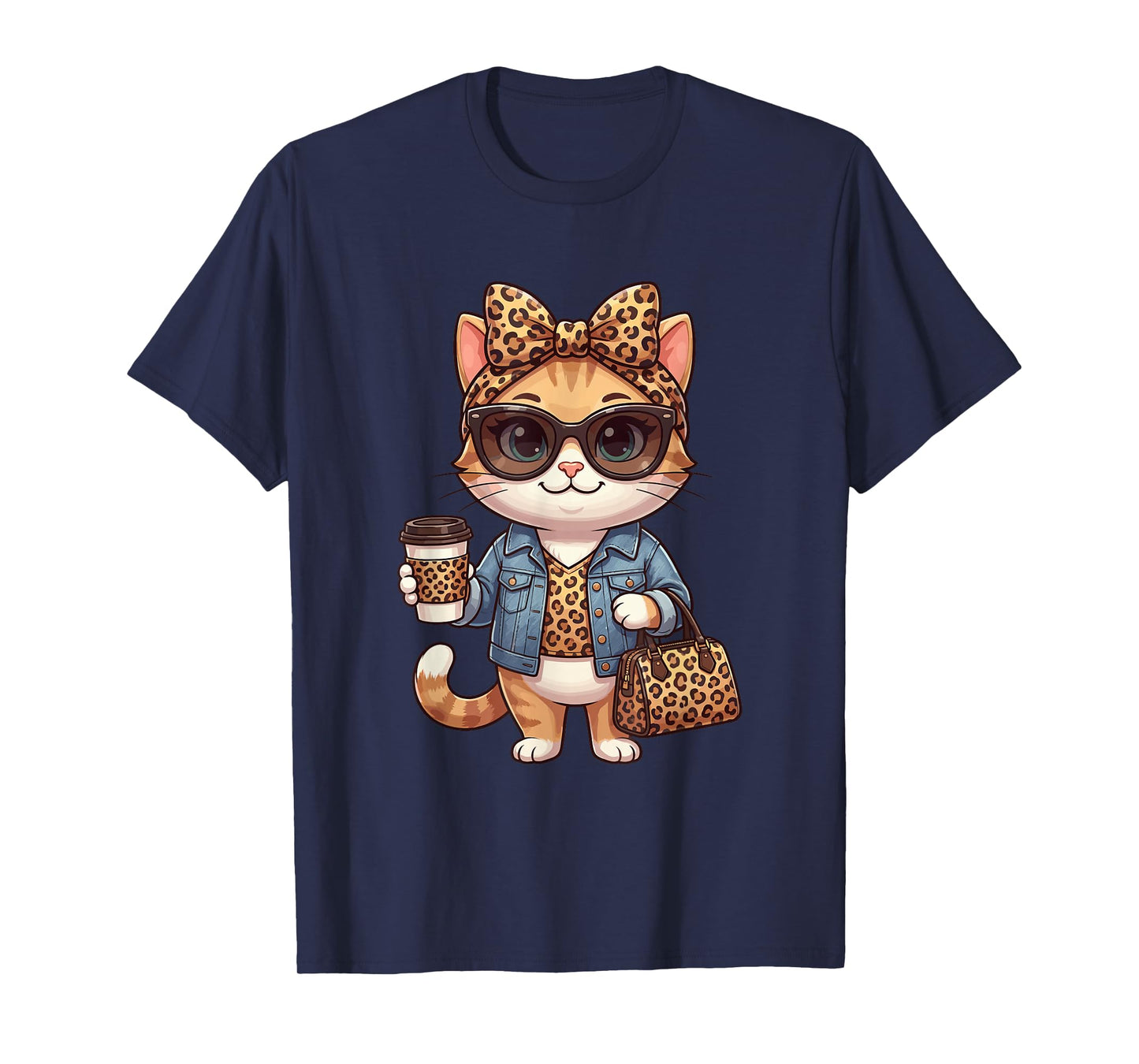 Fashion Funny Leopard Cat Coffee Cute Women Girls T-Shirt