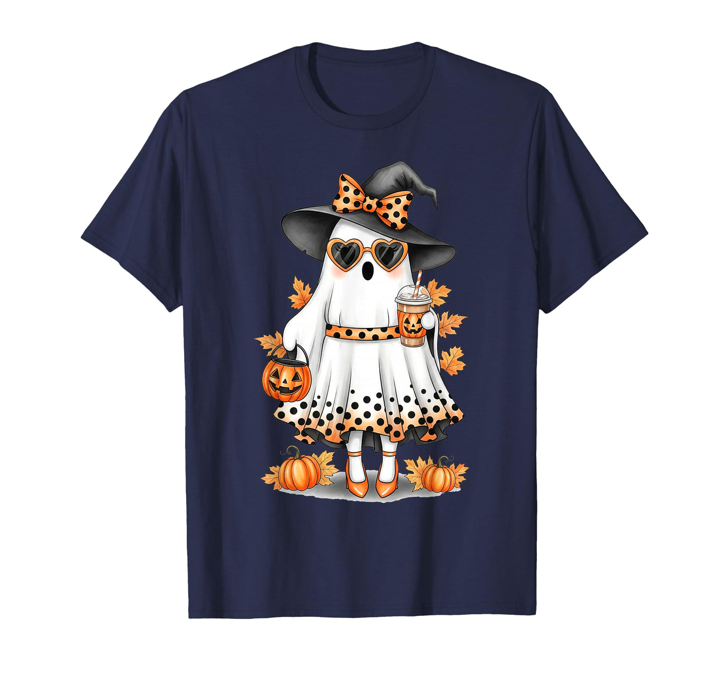 Spooky Cute Ghost Drinking Pumpkin Iced Coffee Halloween Bow T-Shirt
