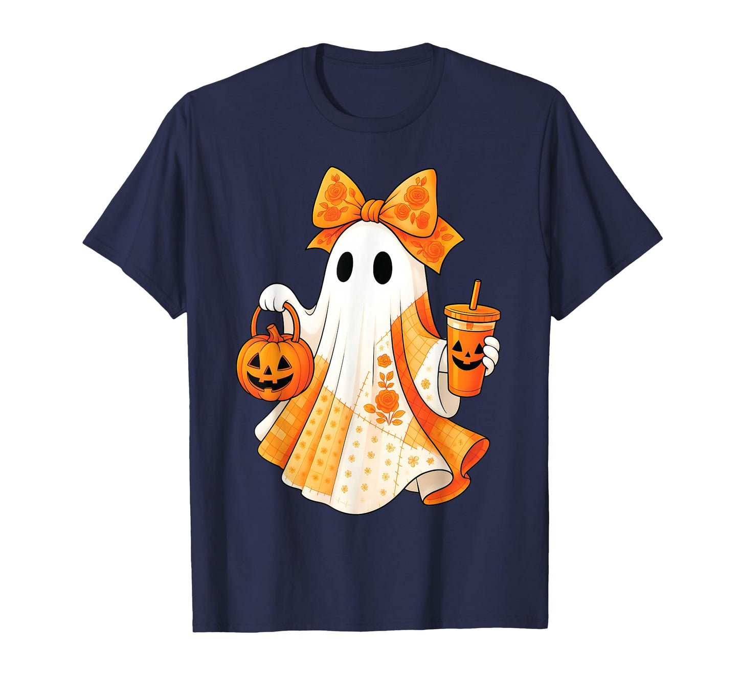 Spooky Cute Ghost Drinking Iced Coffee Pumpkin Bow Halloween T-Shirt