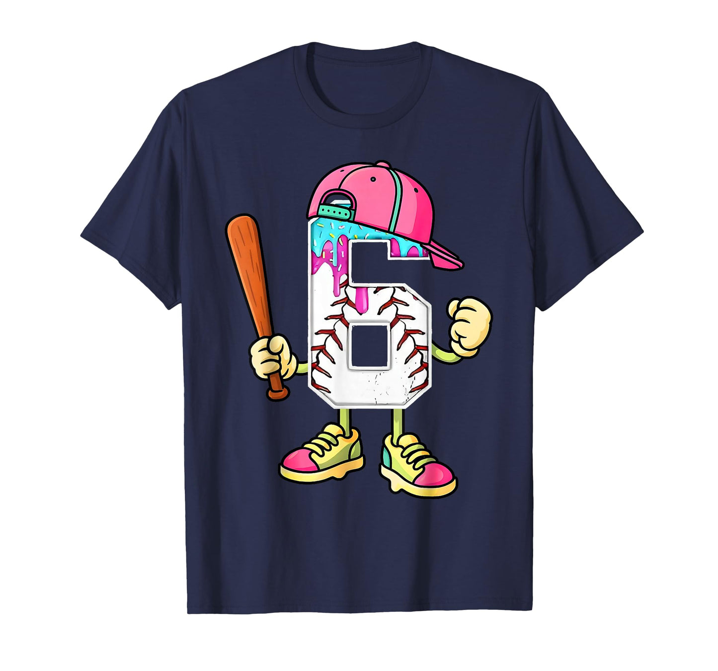 Baseball 6th Birthday Boy Ice Cream Drip 6 Year Old Birthday T-Shirt