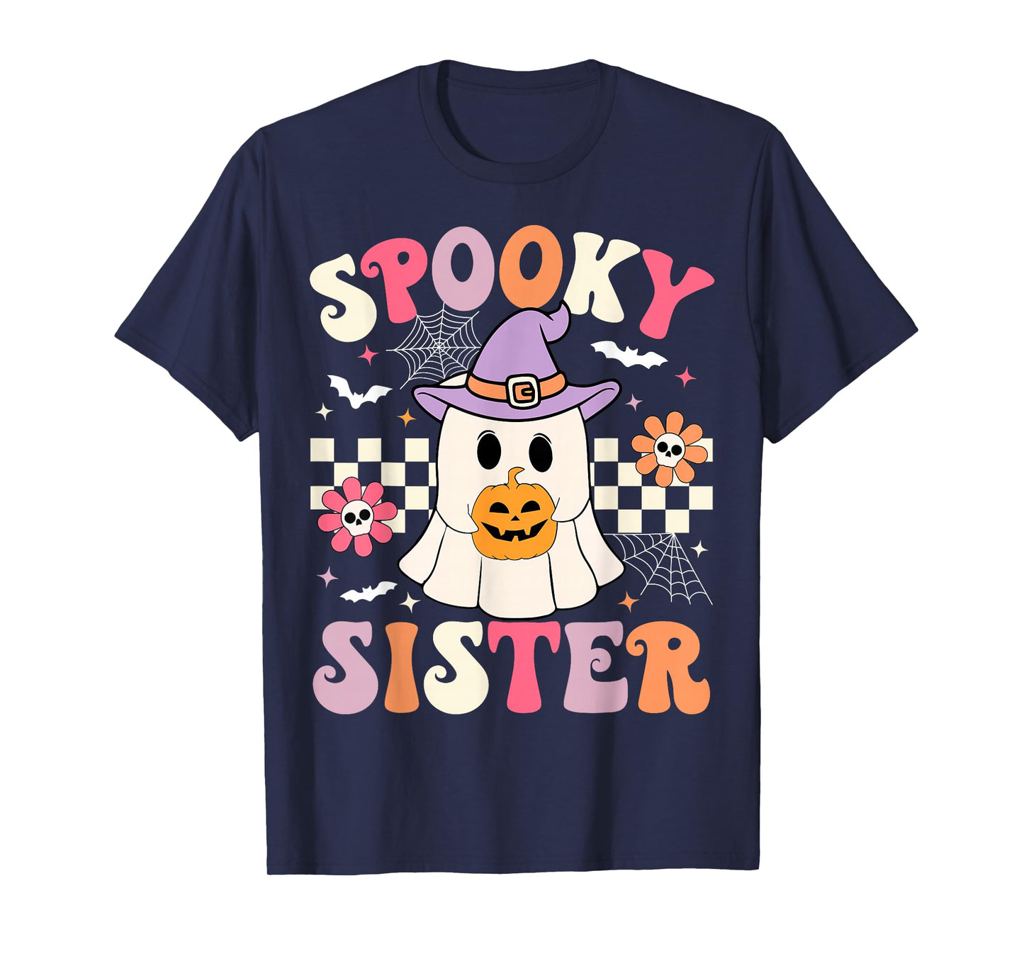 Groovy Spooky Sister Retro Ghost Holding Pumpkin Halloween T-Shirt