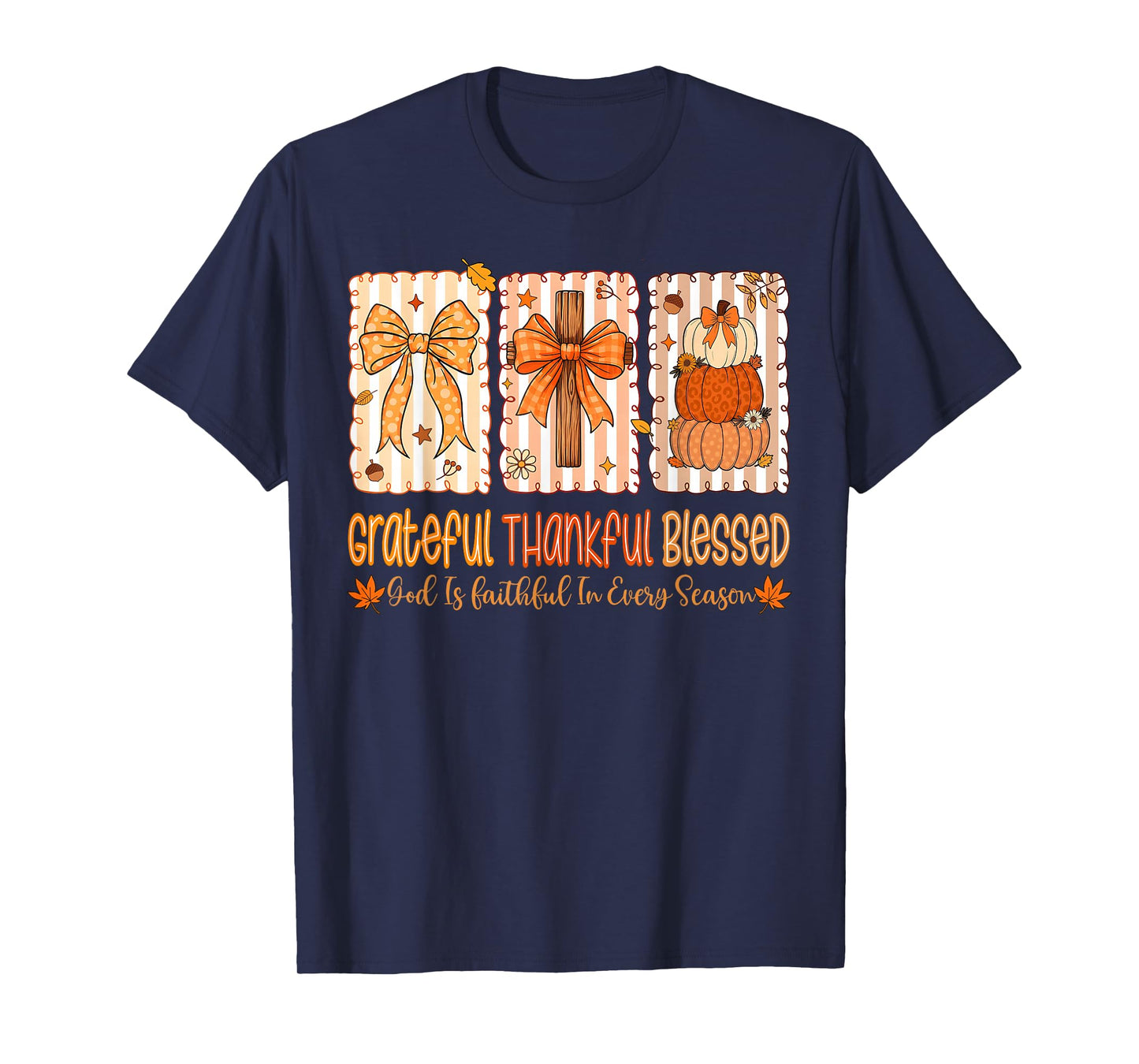 Grateful Thankful Blessed God Faith Autumn Pumpkin Bow T-Shirt
