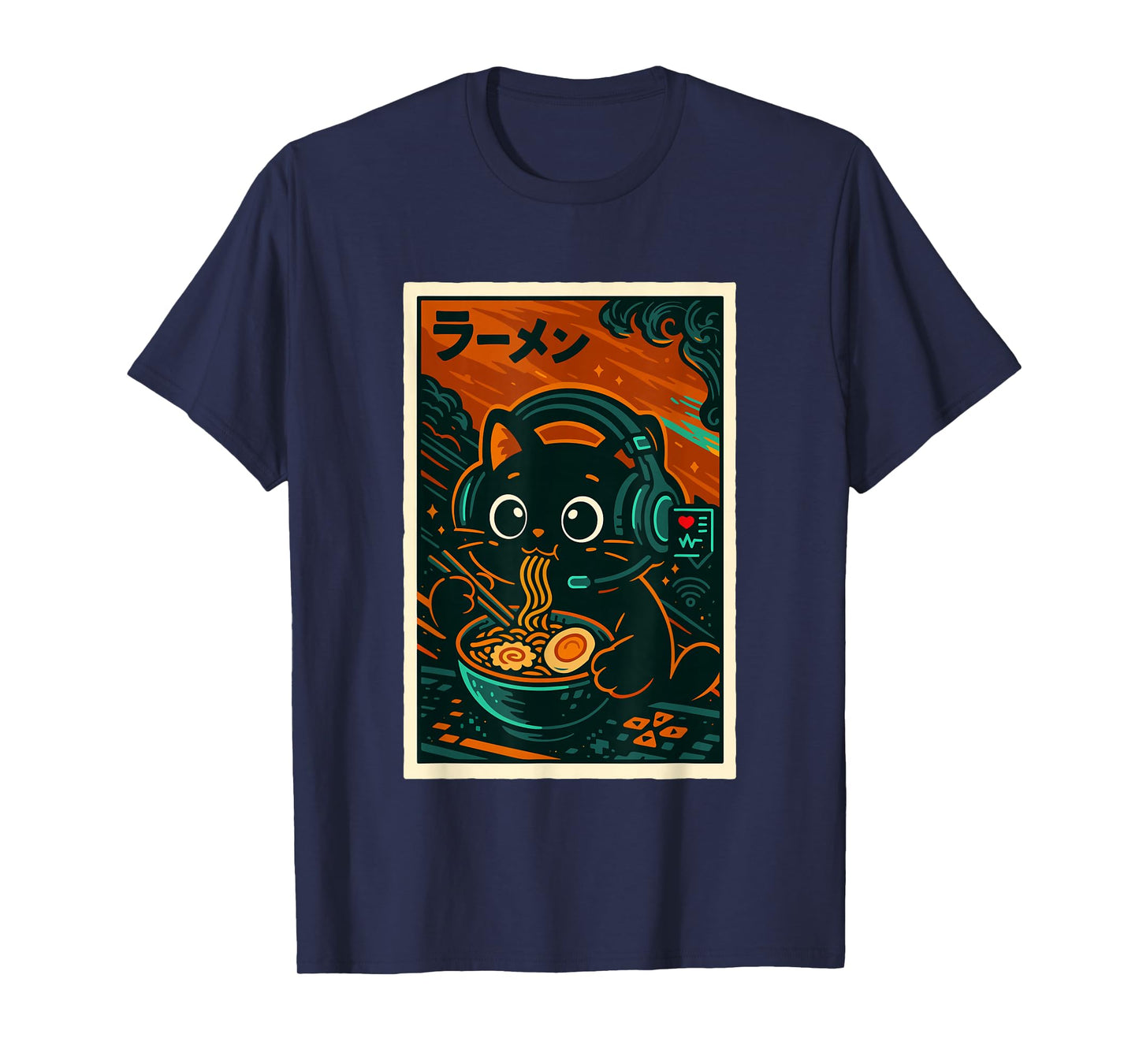 Retro Vintage Japanese Kawaii Slurping Ramen Cat Gamer T-Shirt