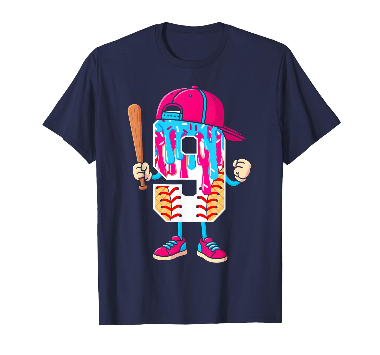 Baseball 9 Year Old Ice Cream Drip 9th Birthday Boy Number 9 T-Shirt