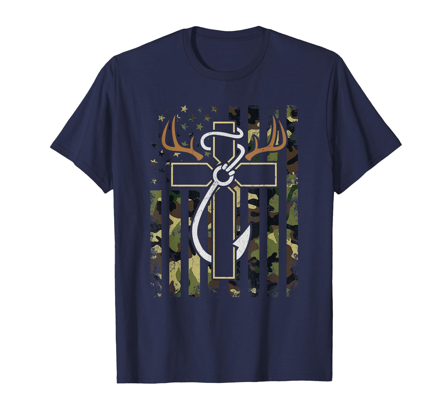 Hunting Fishing Faith Cross Deer Antlers Hook USA Flag Retro T-Shirt
