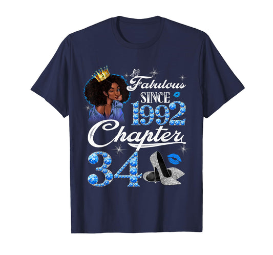 34th Birthday Black Queen Chapter 34 Fabulous Since 1992 T-Shirt