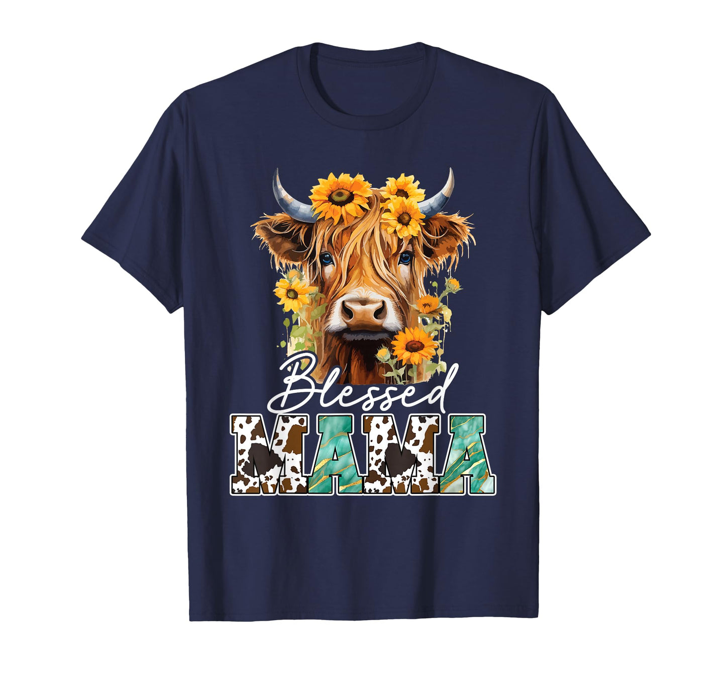 Blessed Mama Highland Cow Sunflowers Mothers Day Caring T-Shirt