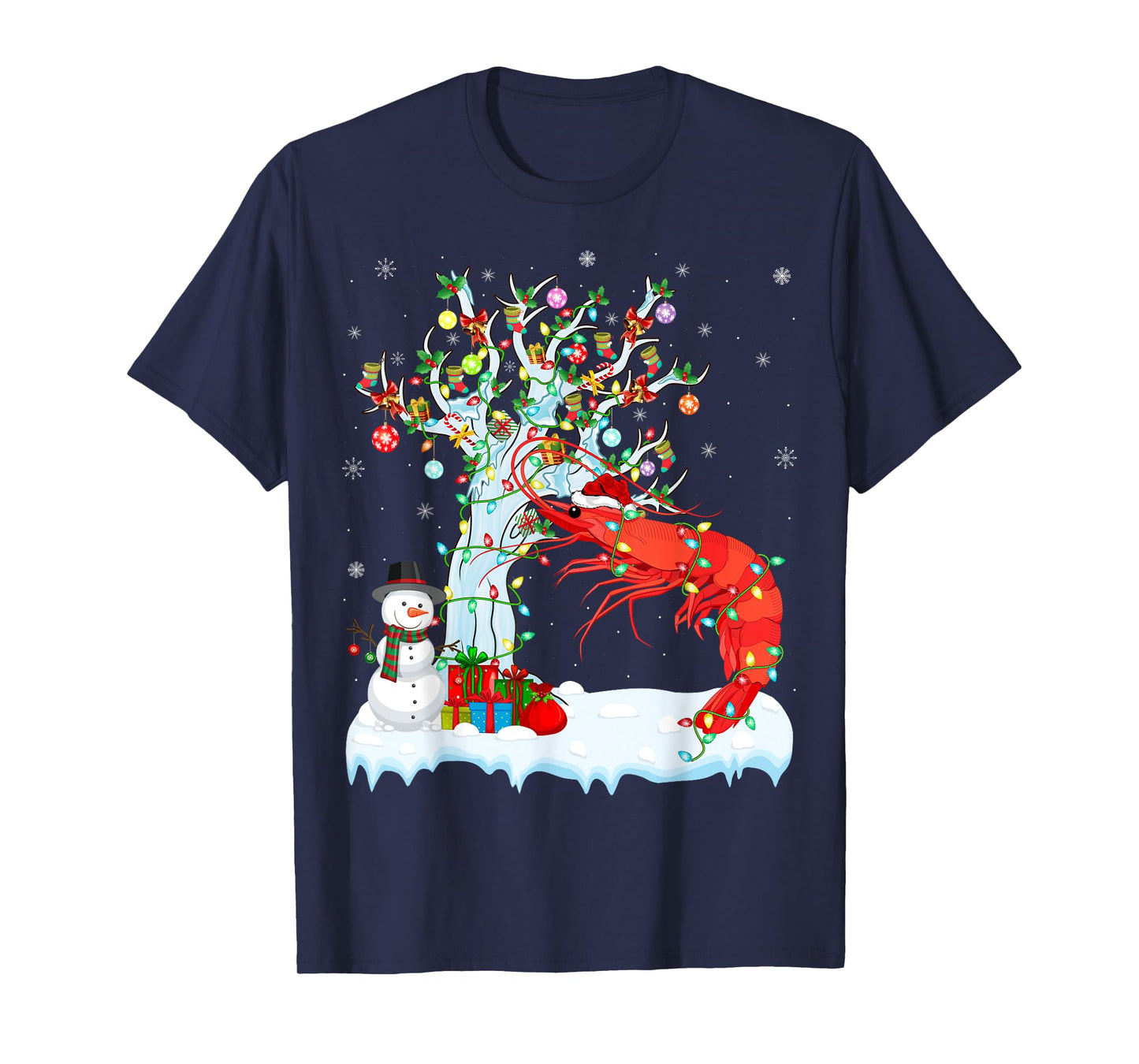 Shrimp Fish Xmas Lighting Tree Santa Hat Shrimp Christmas T-Shirt