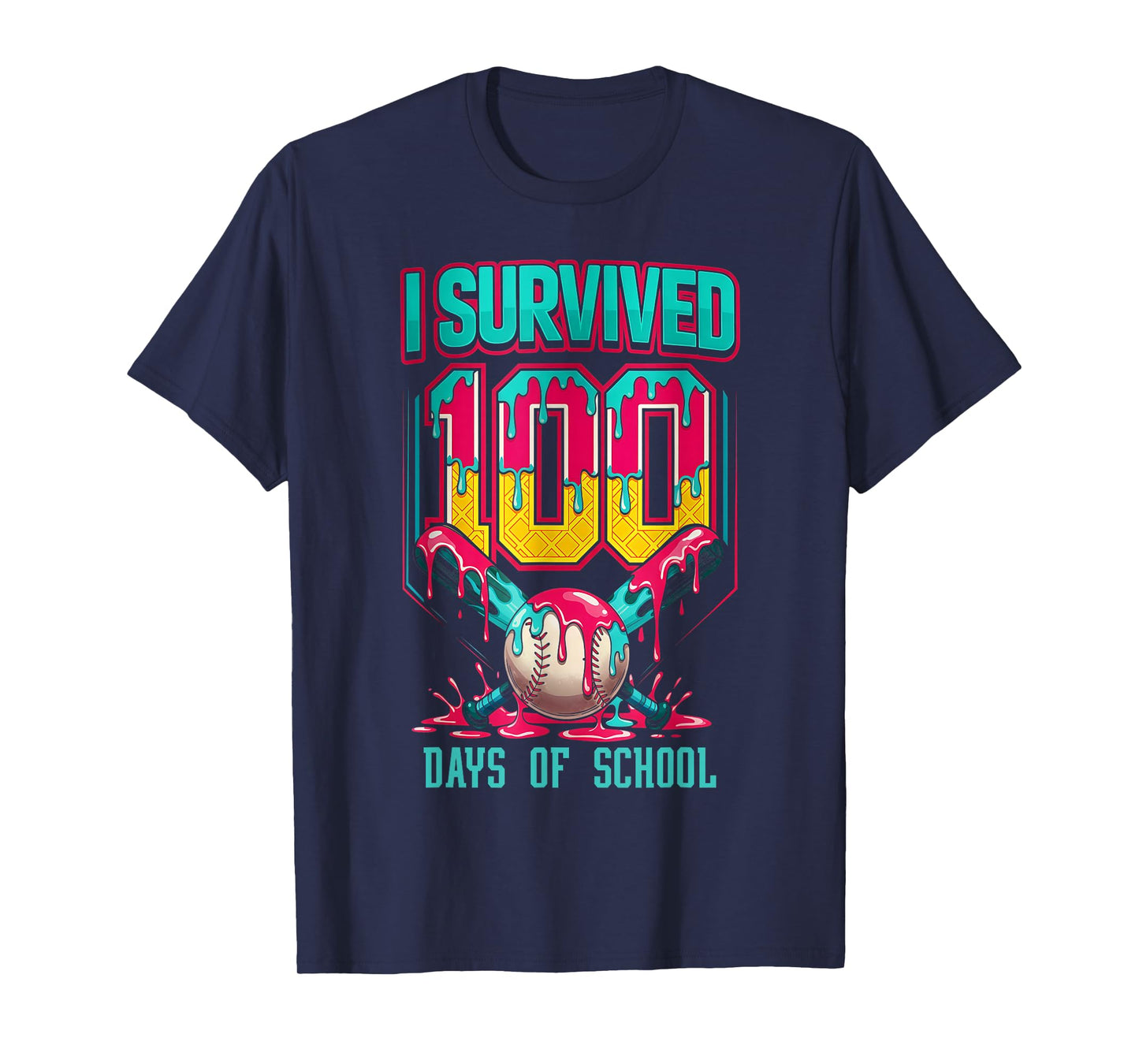 100 Days of School Baseball Ice Cream Drip Student Kids Boys T-Shirt