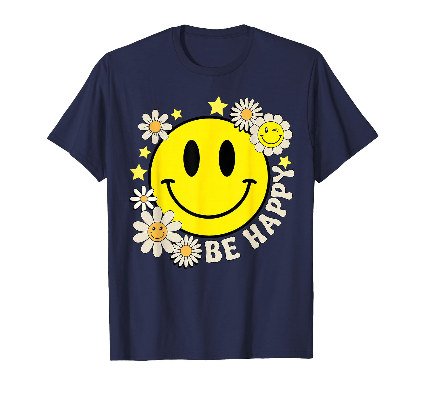 Retro Groovy Be Happy Smile Face Daisy Flower 70s T-Shirt