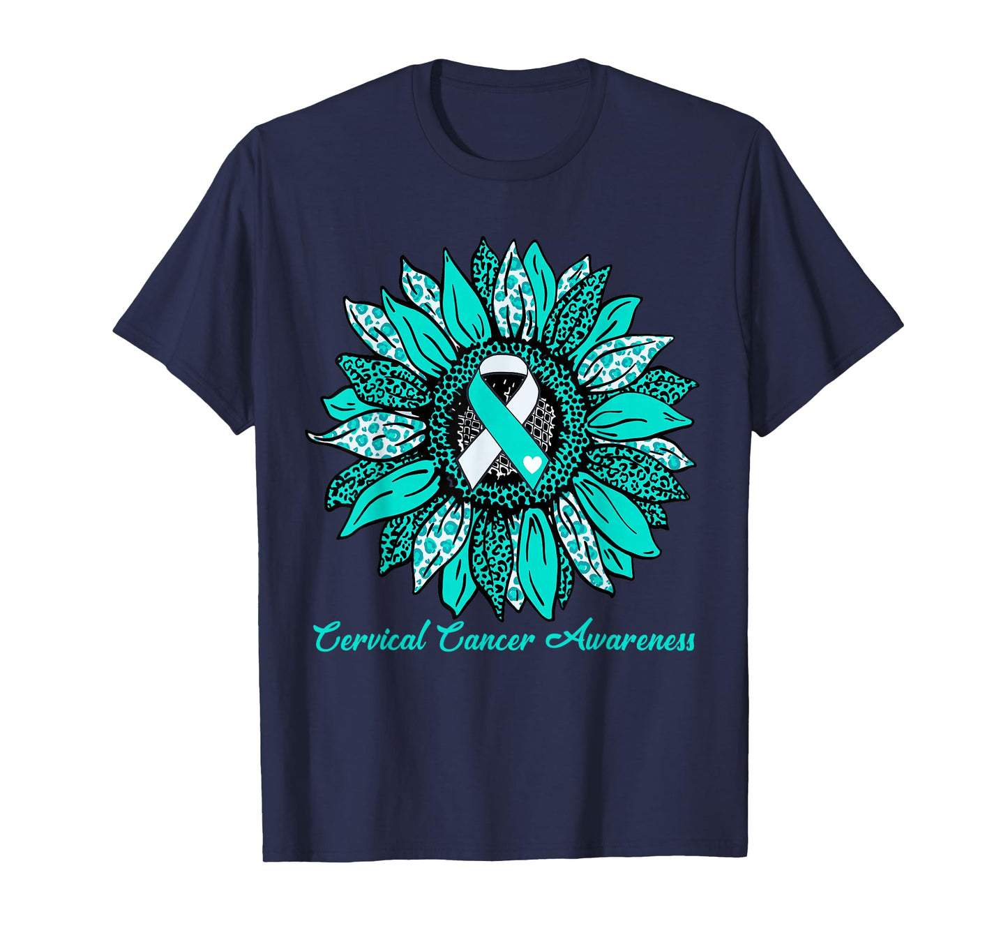 Sunflower Teal & White Ribbon Motivation Cervical Cancer T-Shirt