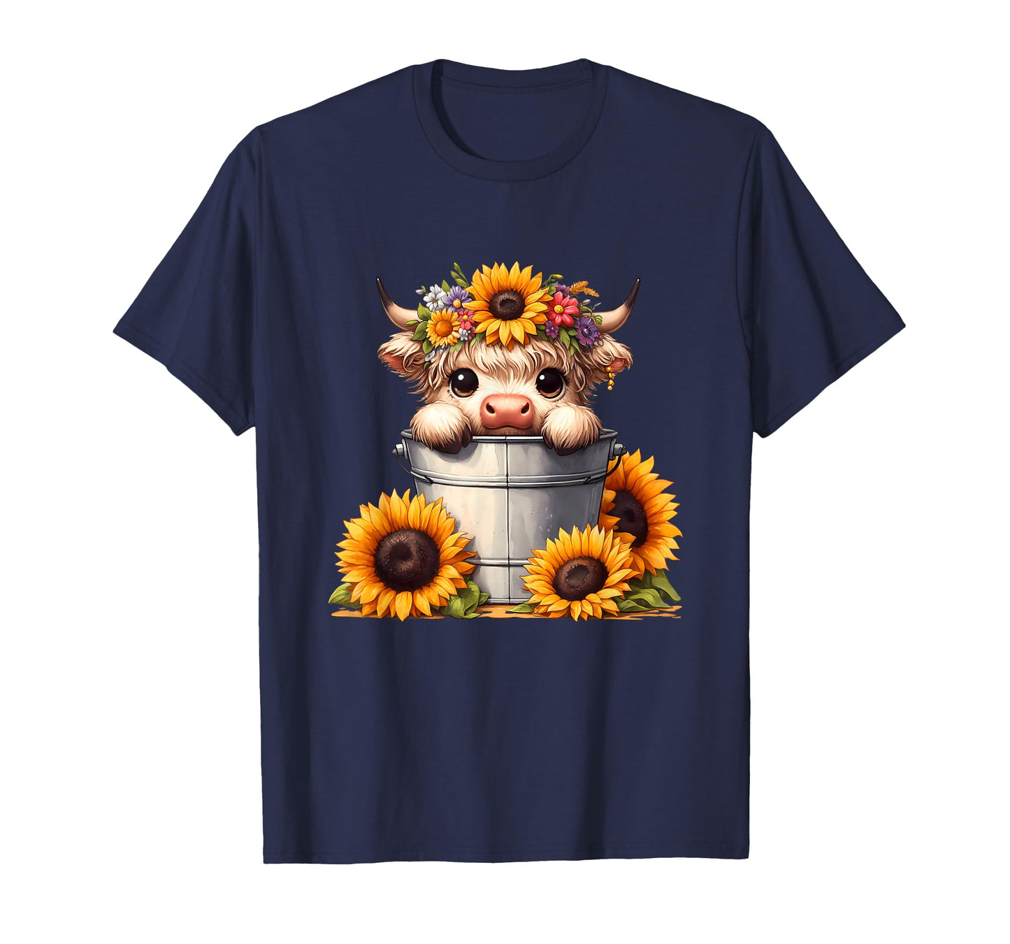 Cute Baby Highland Cow with Sunflowers in Bucket, Calf T-Shirt