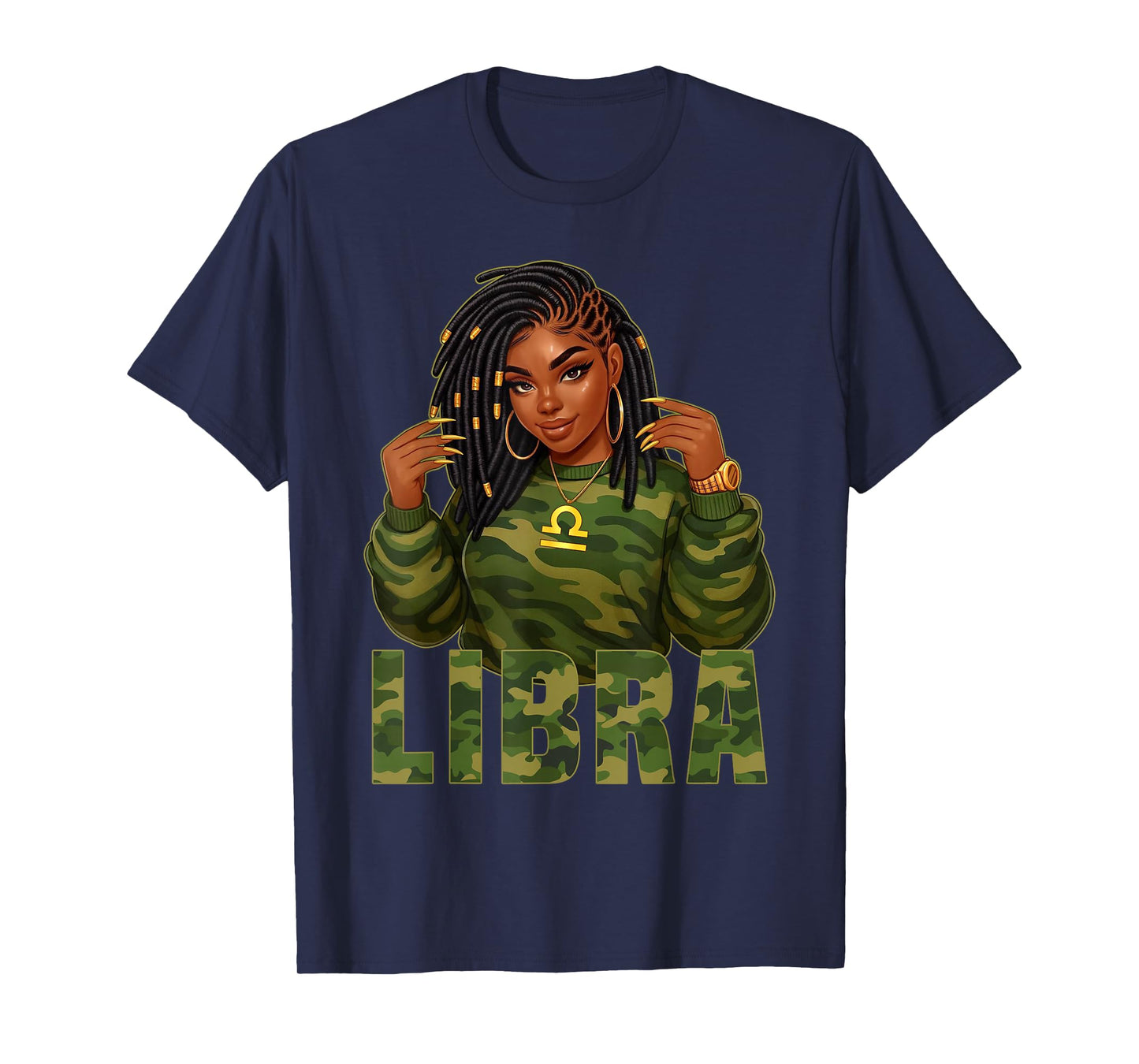 Libra Queen Loc'd Black Woman Camo Zodiac Sign T-Shirt