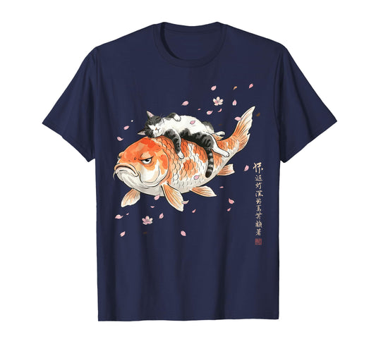 Japanese Cherry Blossom Cat Koi Nap Art Funny T-Shirt