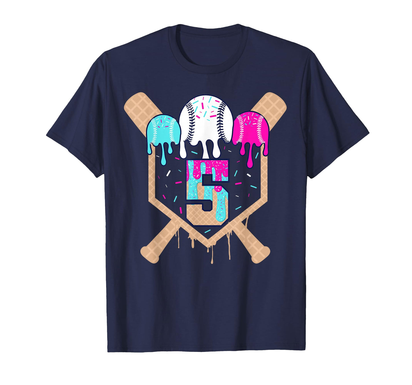 Baseball 5 Year Old Ice Cream Drip 5th Birthday Boy Number 5 T-Shirt