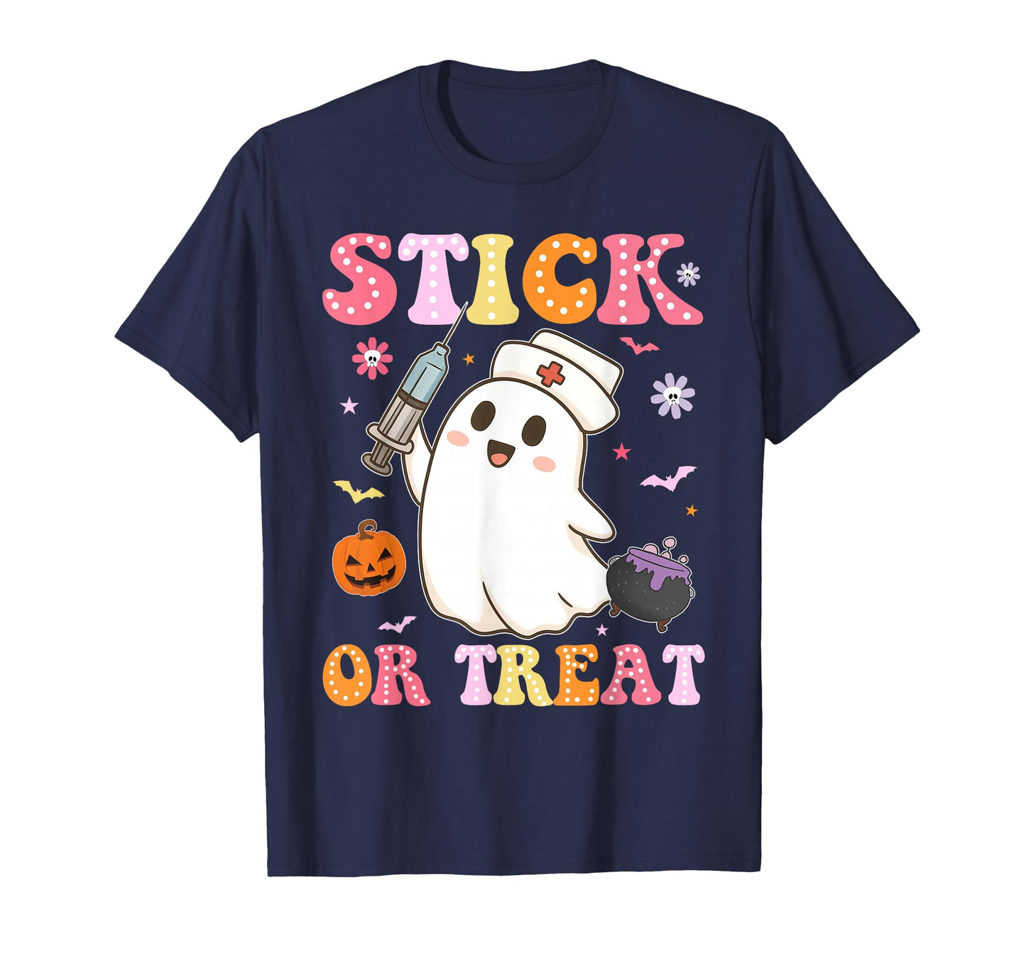 Funny Stick Or Treat Cute Nurse Ghost Halloween Crew Women T-Shirt