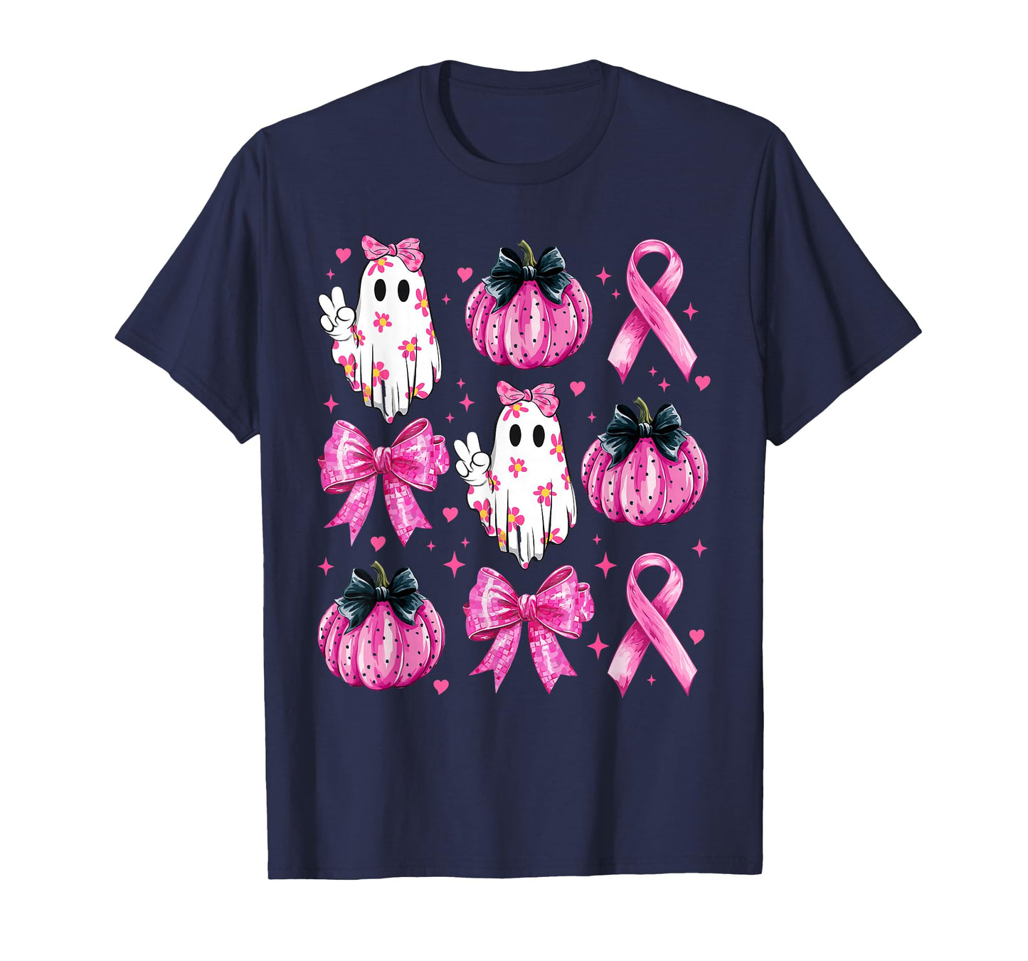 Retro Groovy Breast Cancer Ghost Coquette Halloween Pink Tee T-Shirt