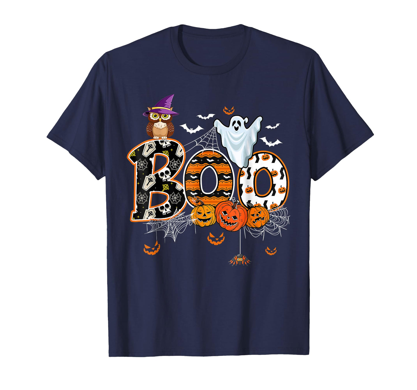Boo Creepy Owl Pumpkin Ghost Halloween Men Women Kids T-Shirt