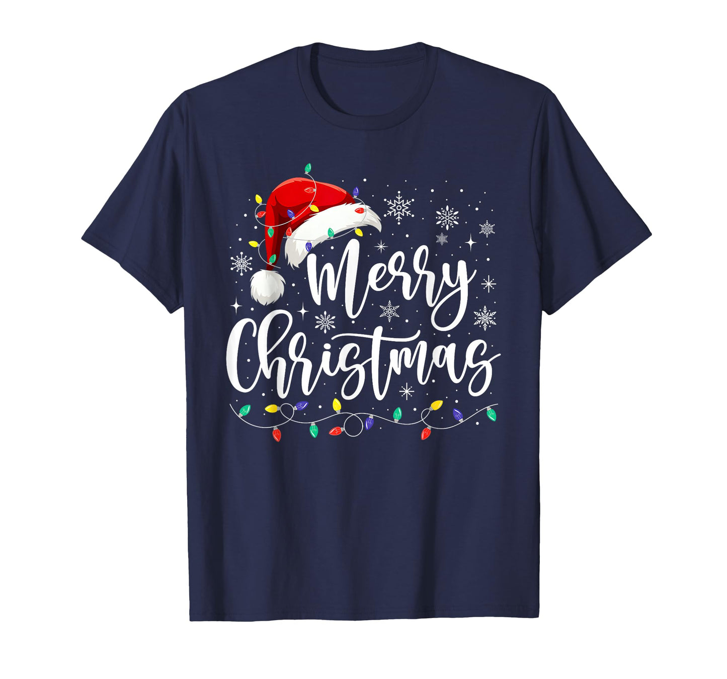 Merry Christmas Lights Red Santa Hat Xmas Family Men Women T-Shirt
