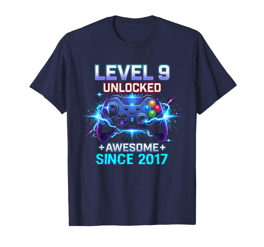 Level 9 Unlocked Awesome Since 2017 9th Birthday Boy Gamer T-Shirt