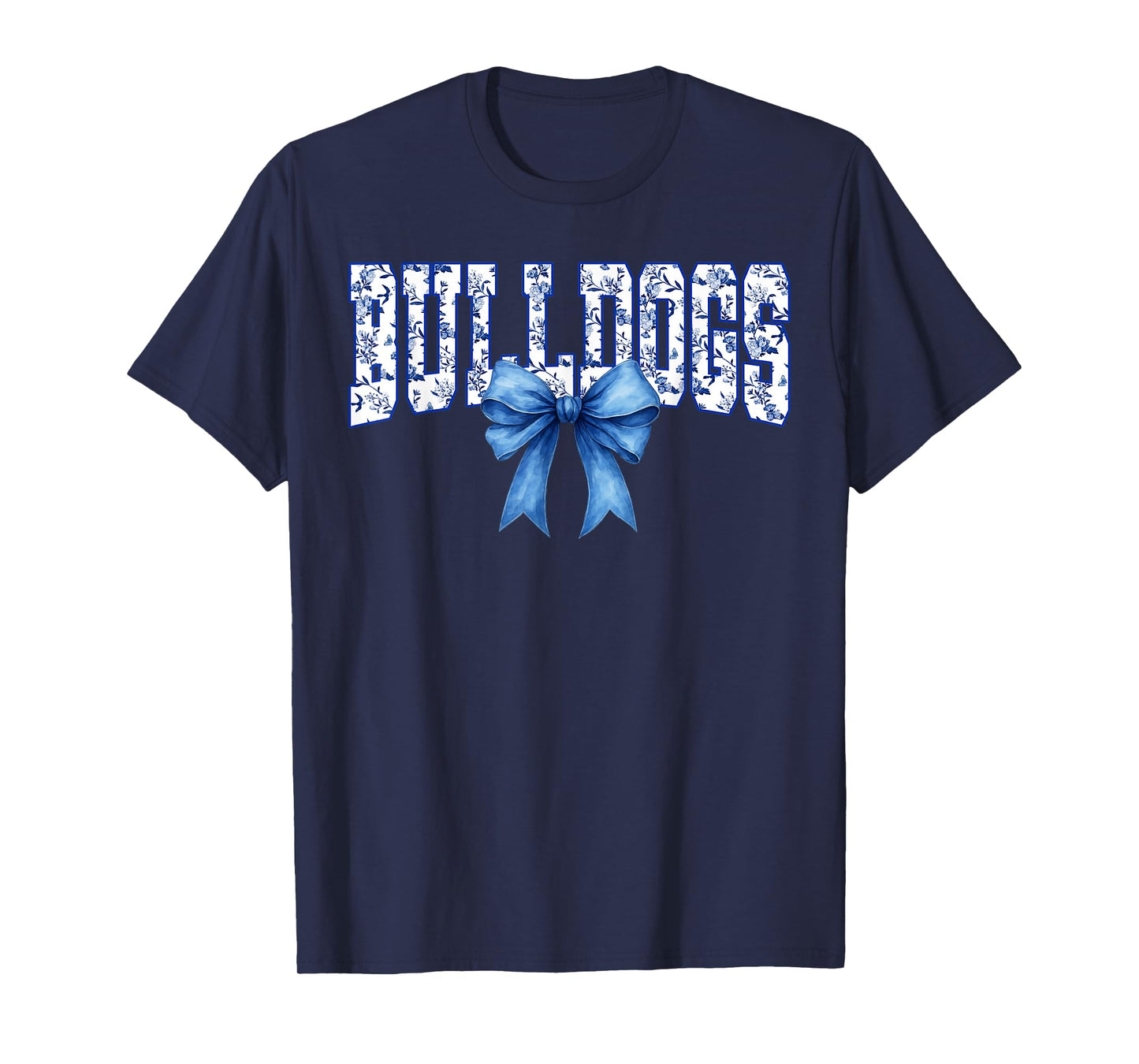 Bulldogs Floral Toile Royal Blue Watercolor Coquette Bow T-Shirt