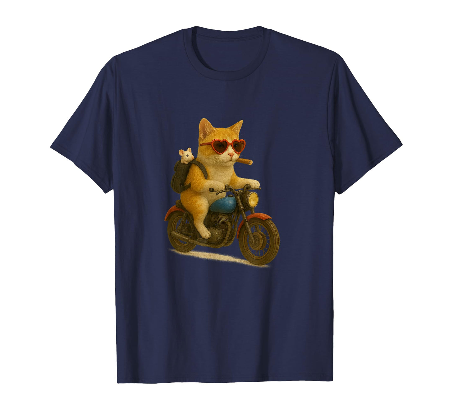 Funny Cat Biker with Mouse in Backpack Motorcycle Lover T-Shirt