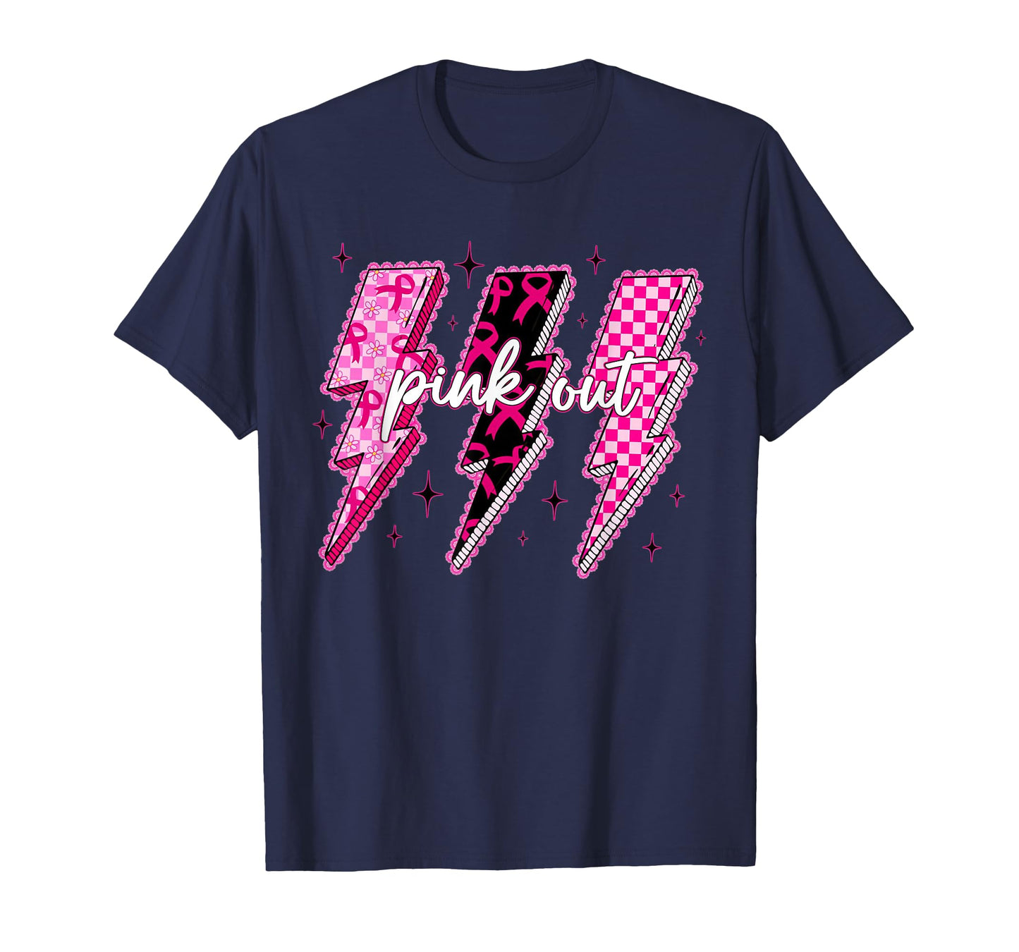 Breast Cancer Awareness Women Pink Out Ribbon Lightning T-Shirt