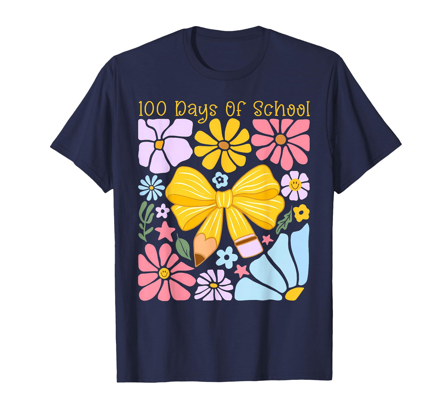 100 Days of School Pencil Bow Flowers Milestone Kid Teacher T-Shirt