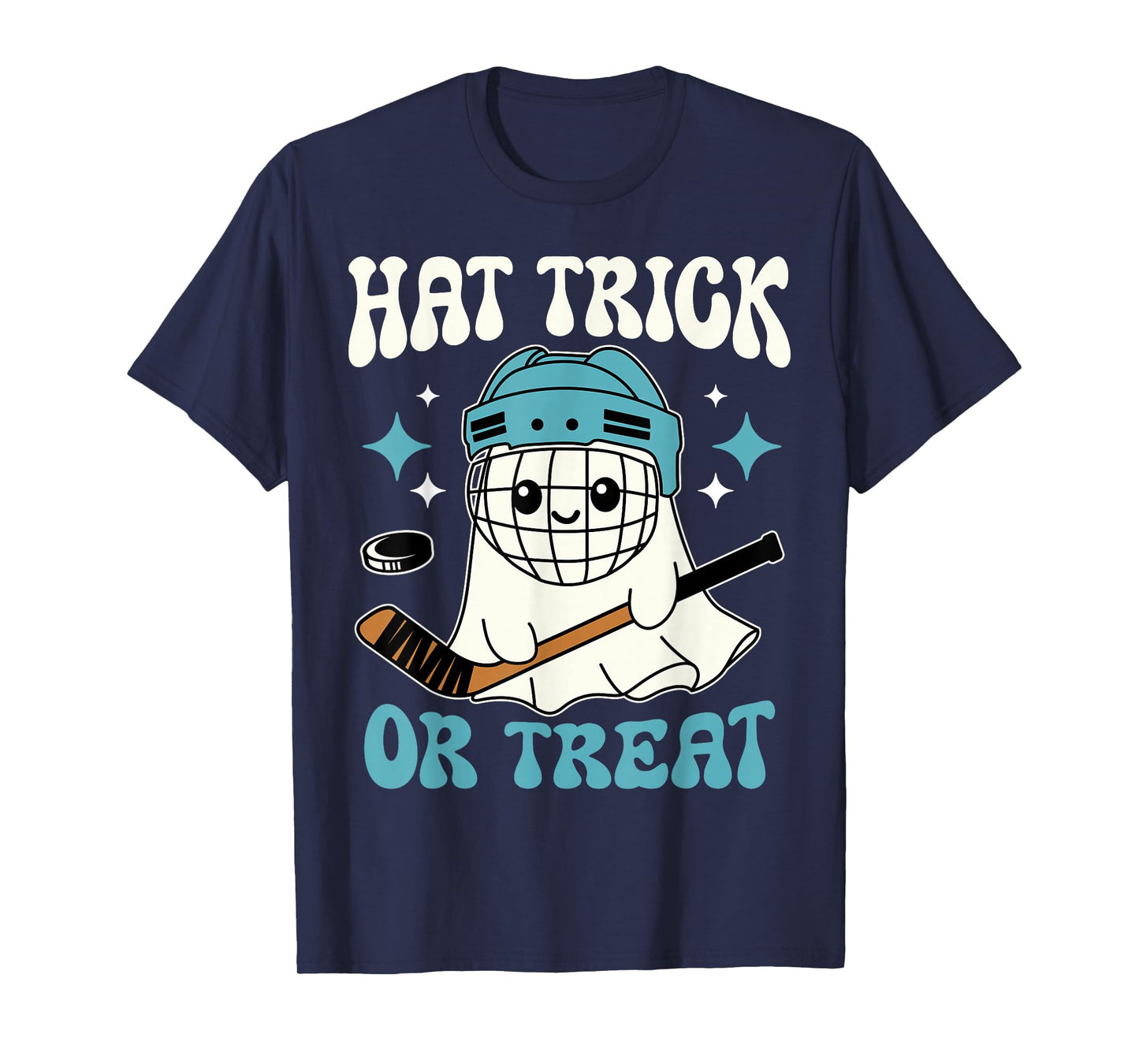 Hat Trick Or Treat Halloween Ice Hockey Player Ghost Hockey T-Shirt