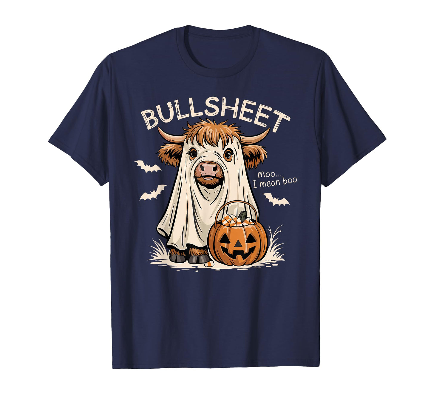 Bullsheet Moo I Mean Boo Highland Cow Ghost Halloween T-Shirt