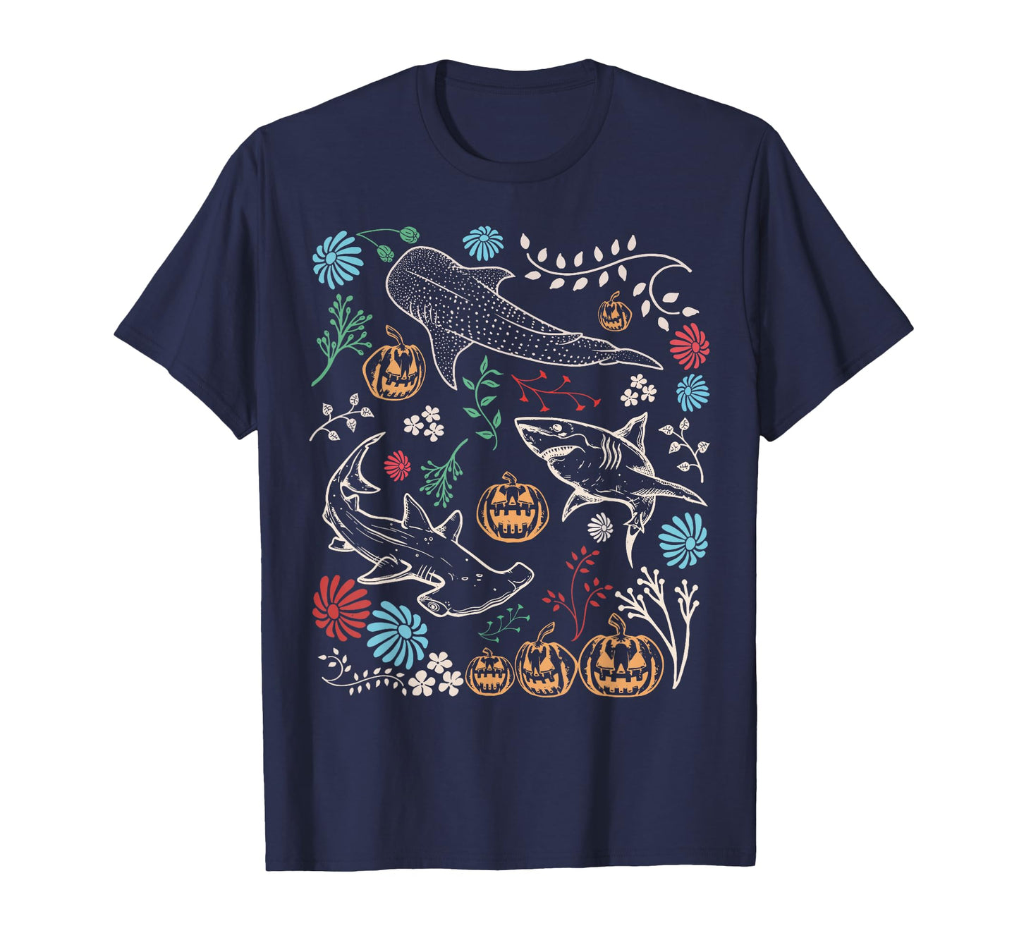 Vintage 90s Halloween Shark Pumpkin Ocean Marine Biology T-Shirt