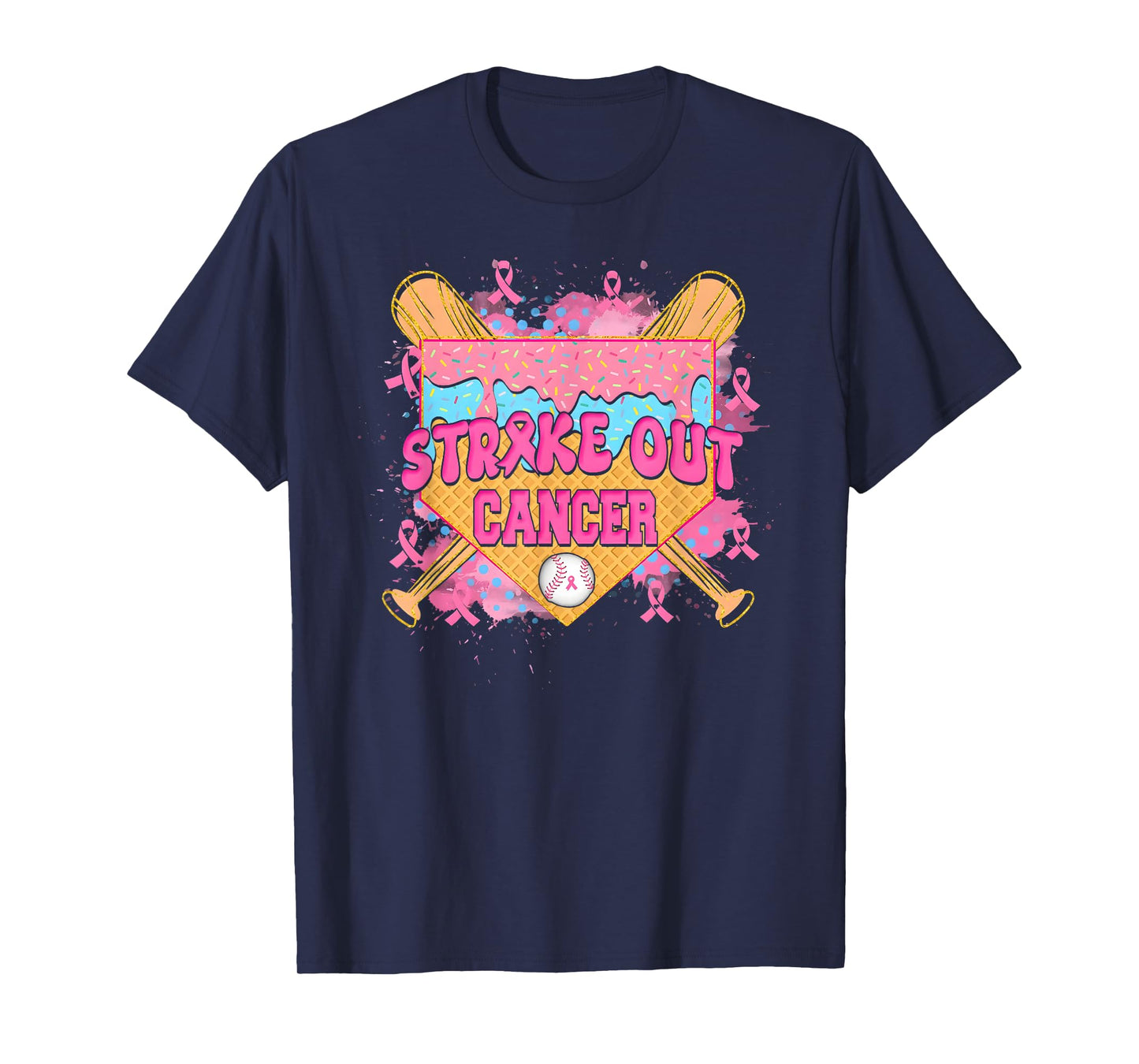 Strike Out Cancer Baseball Ice Cream Drip Breast Cancer T-Shirt