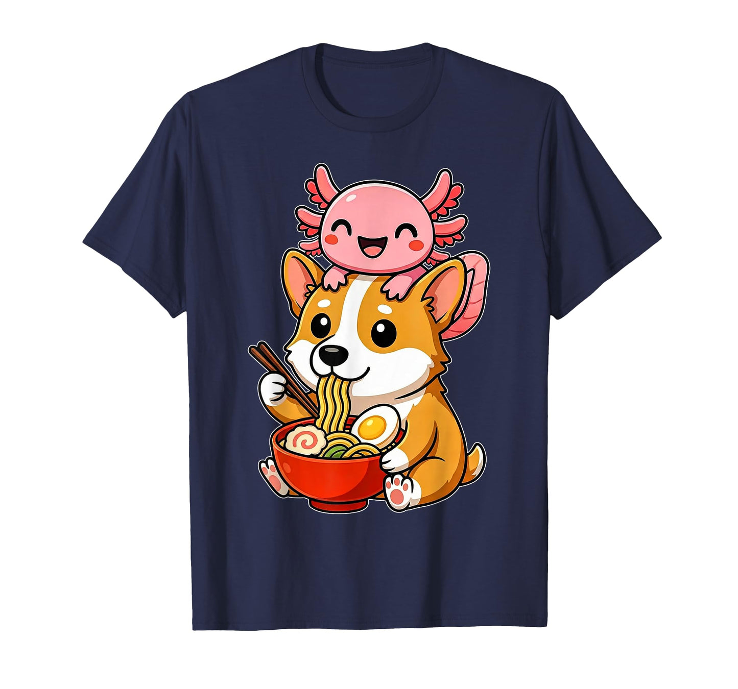 Funny Cute Axolotl and Corgi Dog Eating Ramen Anime Noodle T-Shirt