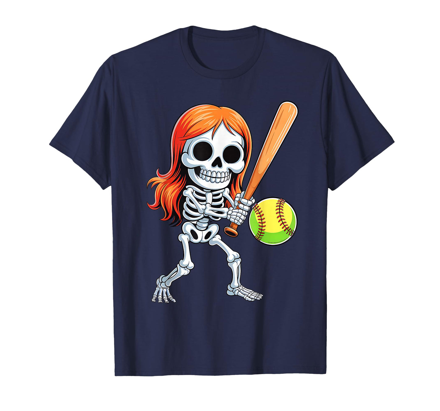 Skeleton Playing Softball Halloween Costume Funny Girls Kids T-Shirt