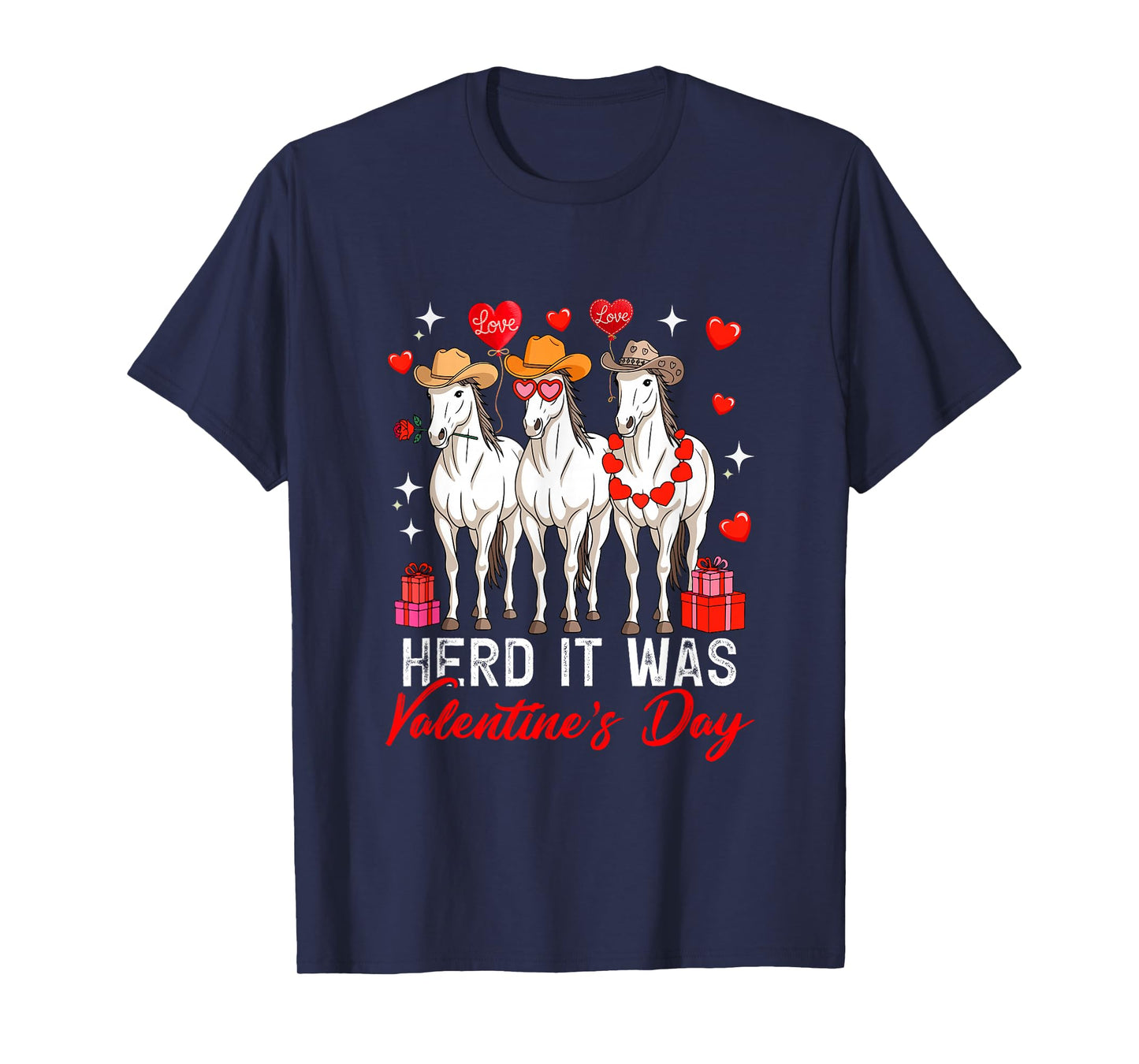 Herd It was Valentine's Day Three Cute Horses Floral Hearts T-Shirt
